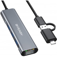 BYEASY HUB 3-Port USB 3.1 Type-C and USB-A 3.0 Plugs with RJ45 10/100/1000 Gigabit Ethernet Converter